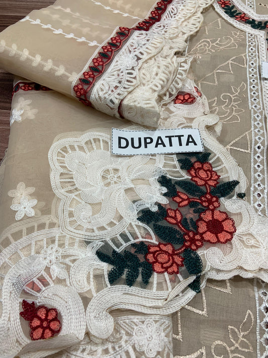 Embroidered Cotton Chikankari 3-Piece Suit with Organza Dupatta