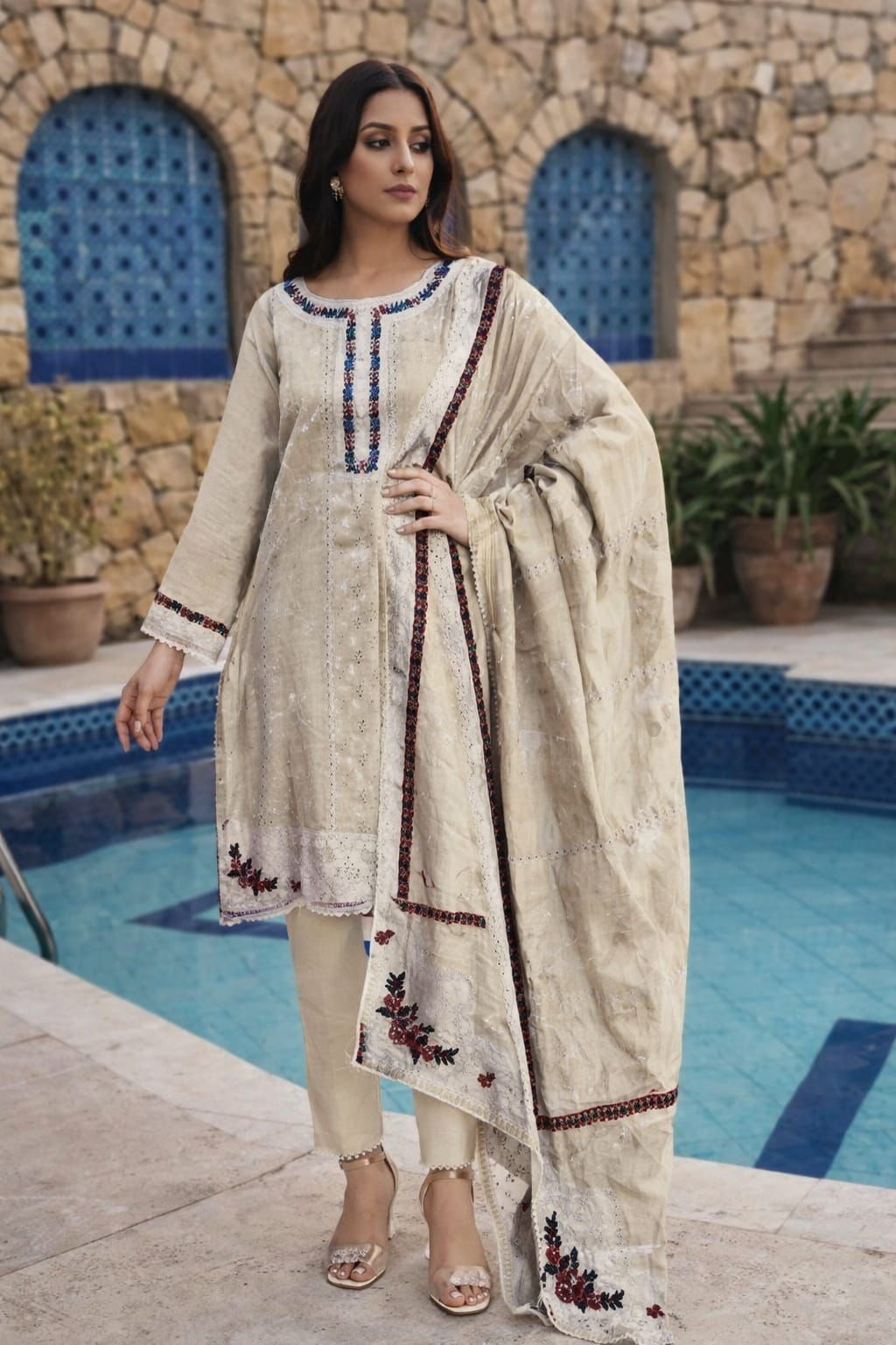 Embroidered Cotton Chikankari 3-Piece Suit with Organza Dupatta